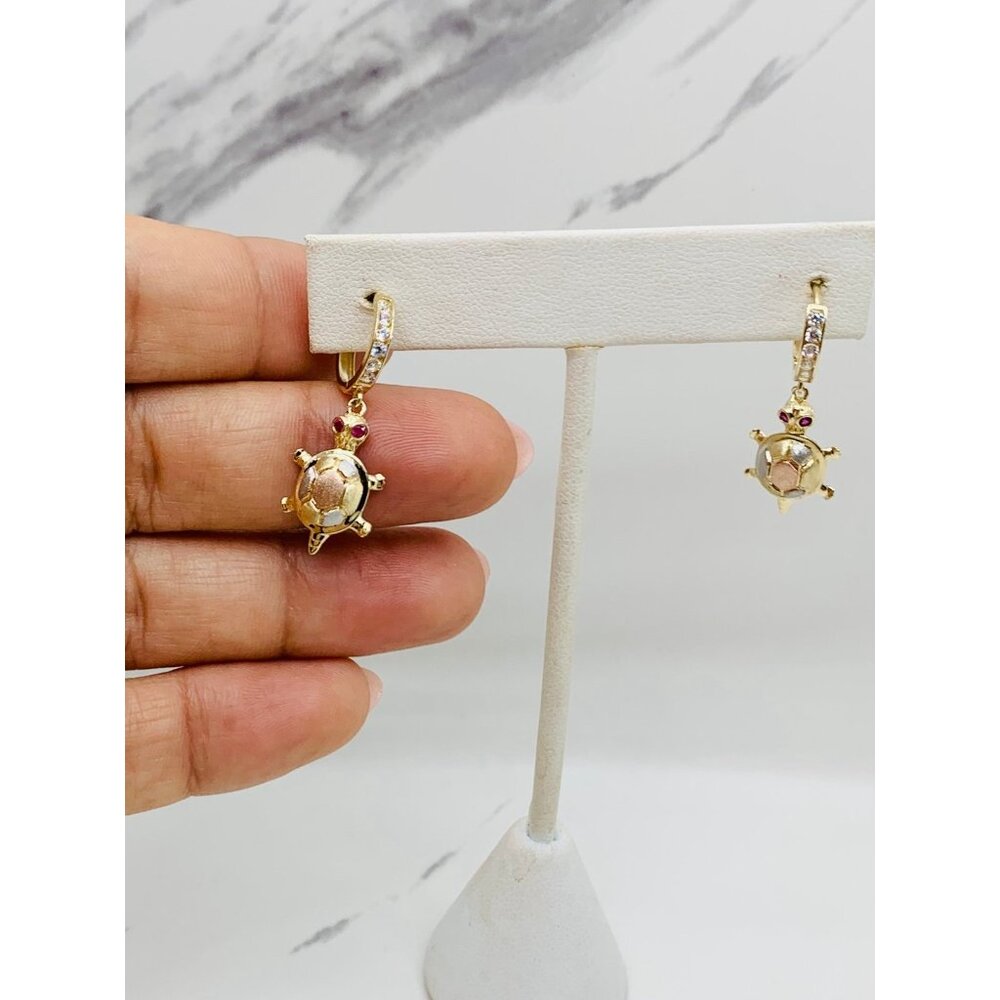 10k Solid Gold Earrings Turtle Hoops Huggies - image 2